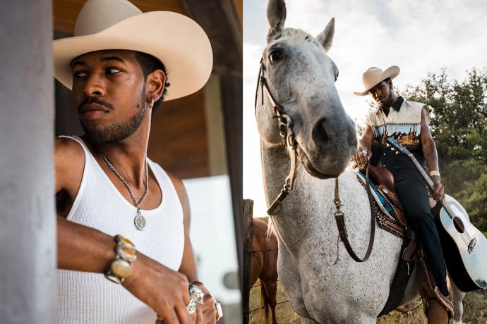 split photo man in cowboy hat, man on horse