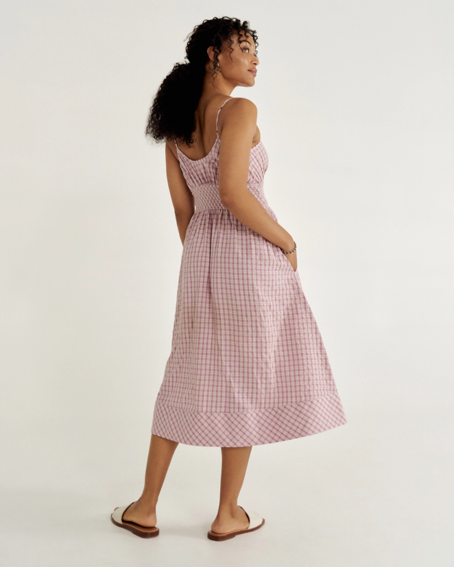 Back view of Women's Tank Tiered Midi Dress - Purple Cotton on model