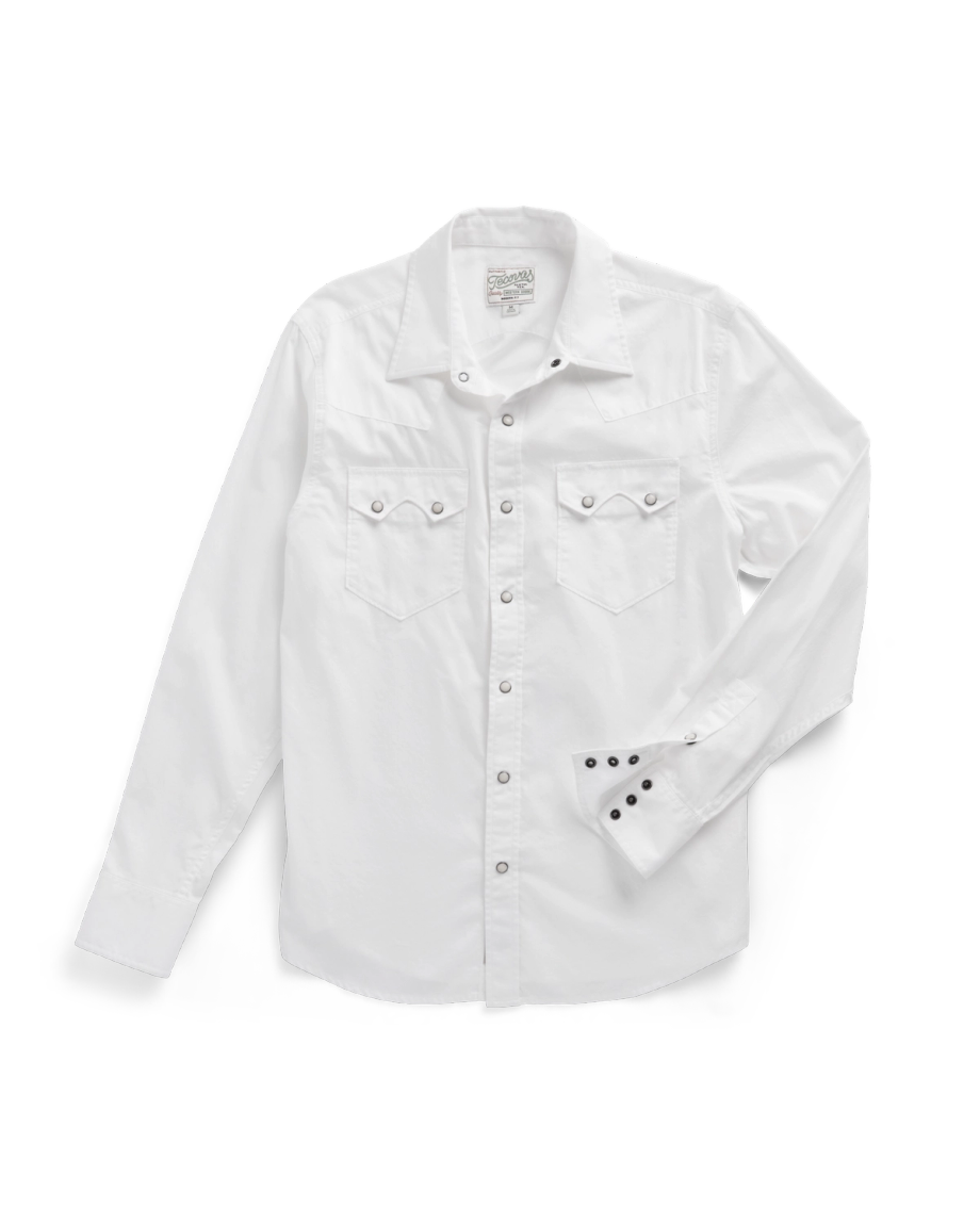 Closeup detail view of Men's Vintage Weight Pearl Snap LS - White