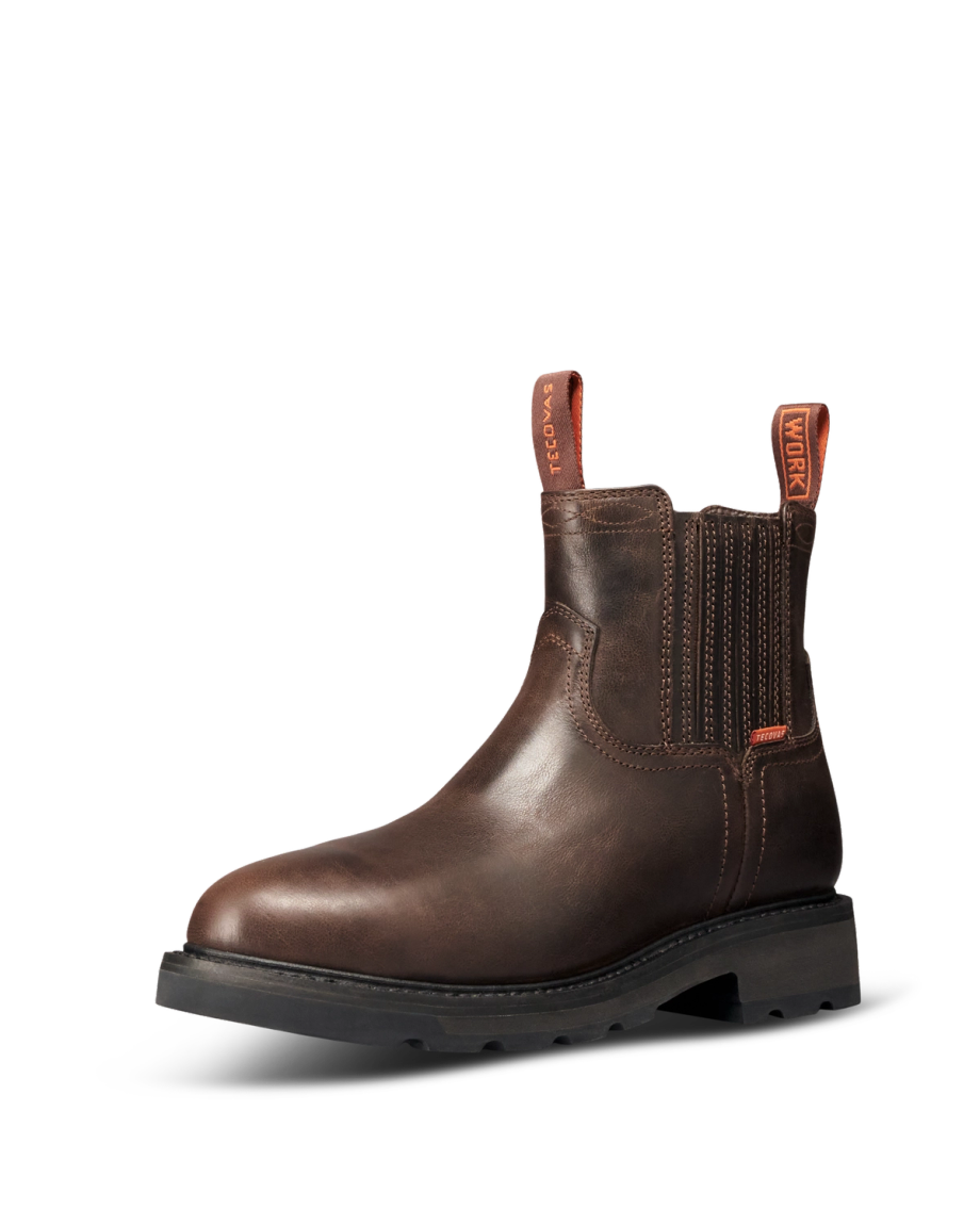 Quarterfront view of Women's LongHaul Waterproof Chelsea Composite Toe Work Boot - Espresso Cowhide on plain background