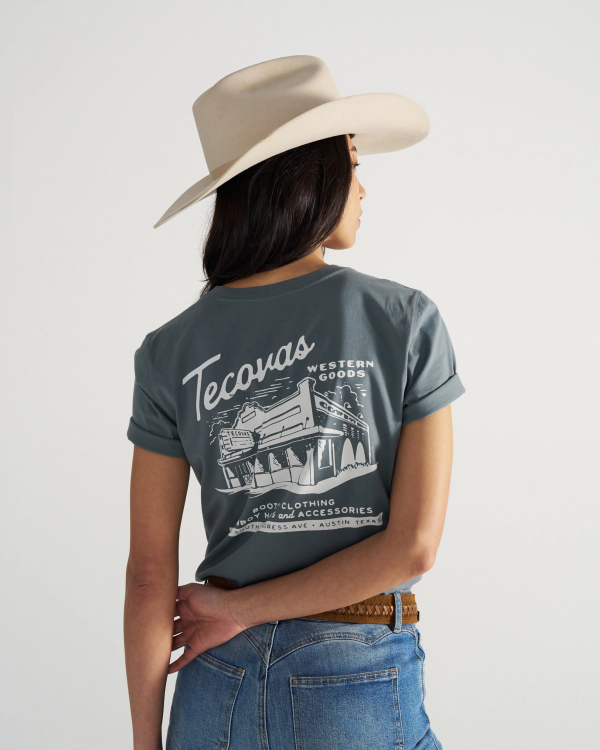 Front view of Women's Store Front Tee - Blue on plain background