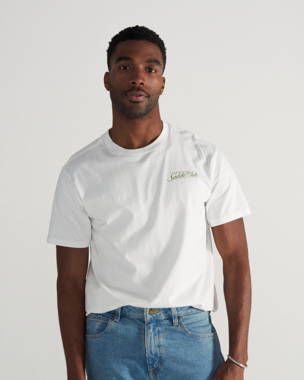 Front view of Men's Saddle Club T-Shirt - Bone/Multi on model