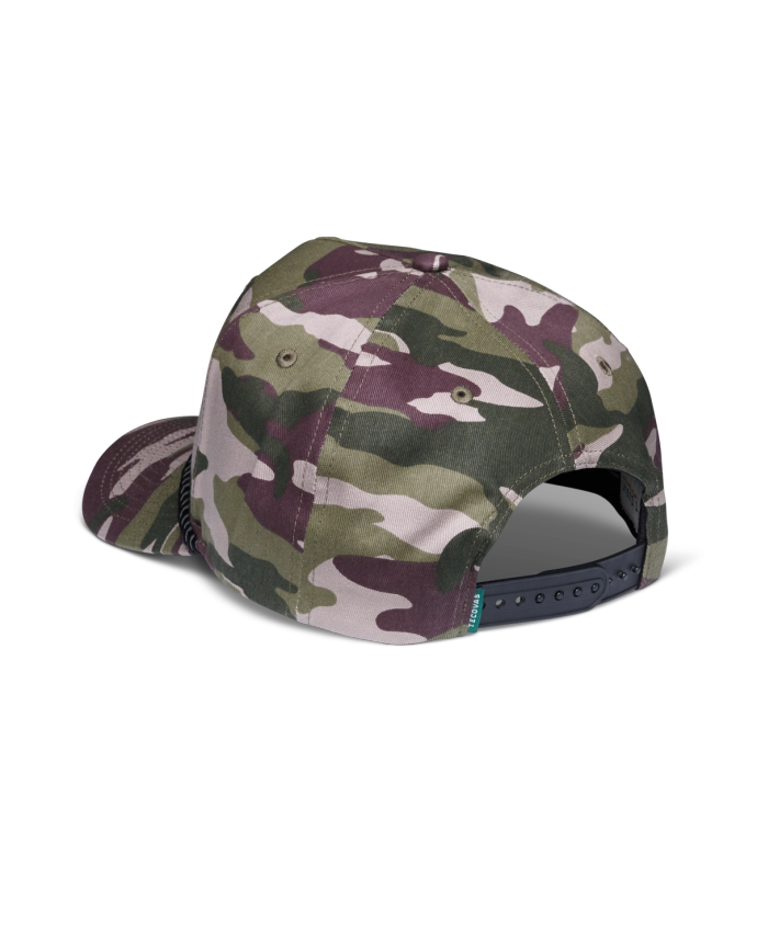 Quarterback view of Tecovas Patch Five-Panel High Profile Hat - Brown Camo on plain background