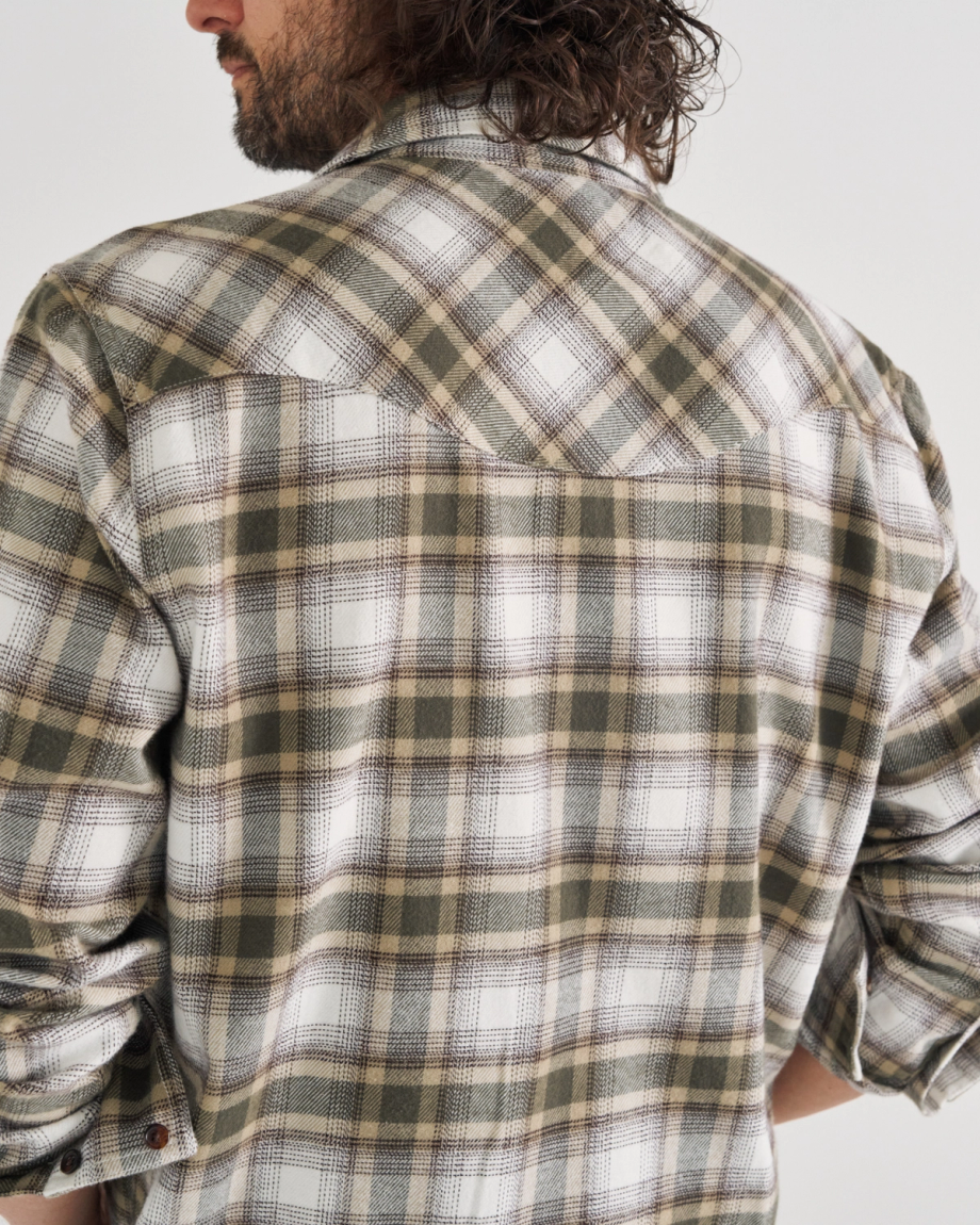 Back view of Men's Everyday Flannel LS - Whisper White / Cactus on model