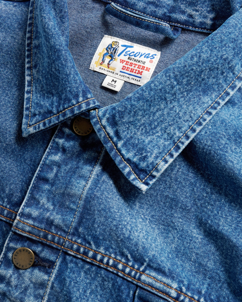 Closeup detail view of Men's Denim Ranch Hand Trucker - Medium Wash