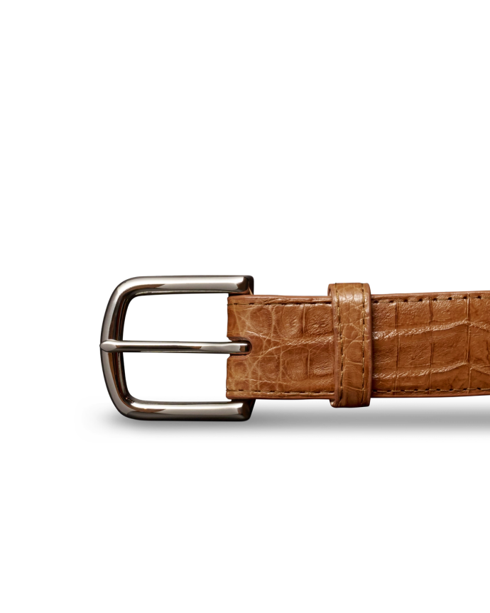 Front view of Men's Caiman Belt II - Caramel on plain background