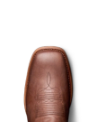 Close-up of a brown leather cowboy boot with decorative stitching on a black background.