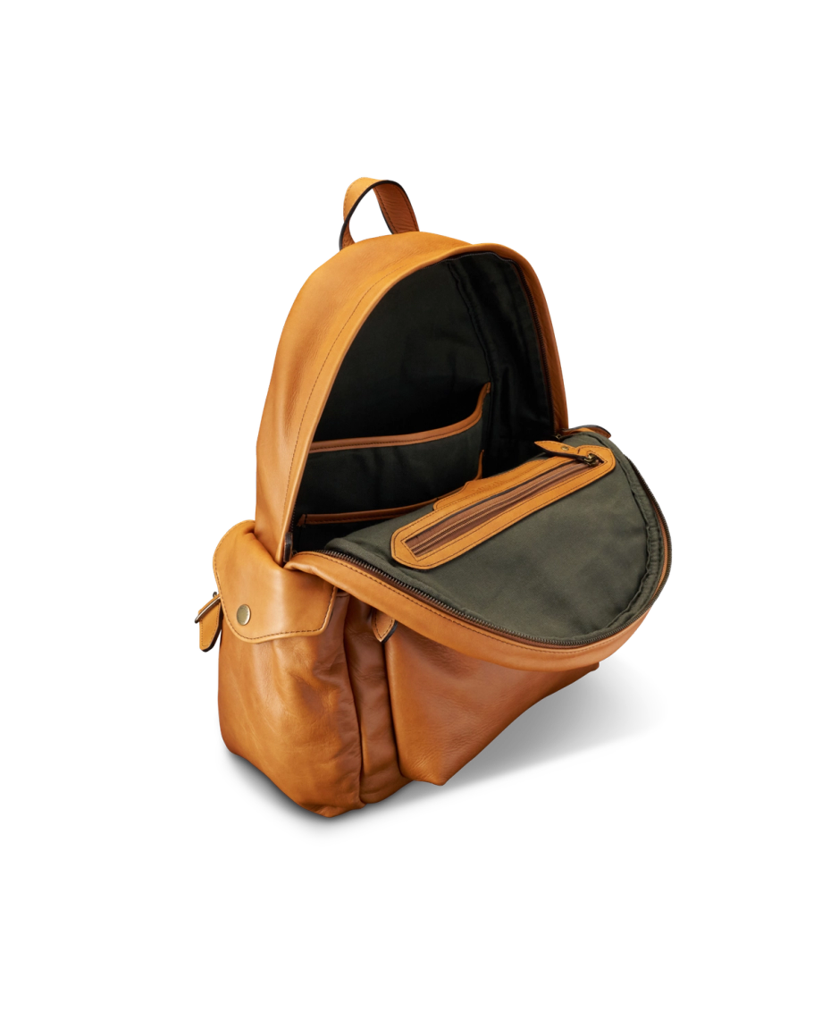 Front view of Men's Leather Backpack - Caramel on plain background