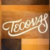 The image shows the word "Tecovas" written in a cursive font on a patchwork background of various shades of brown leather.