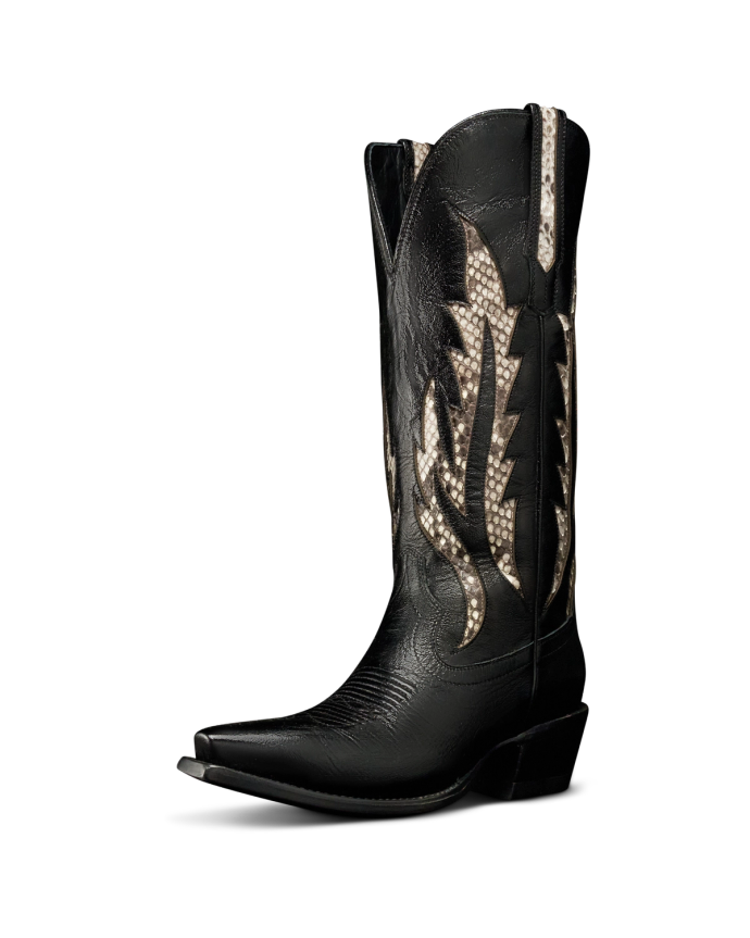 Quarterfront view of The Annie Flame - Midnight / Bone Patent Goat / Python on plain background