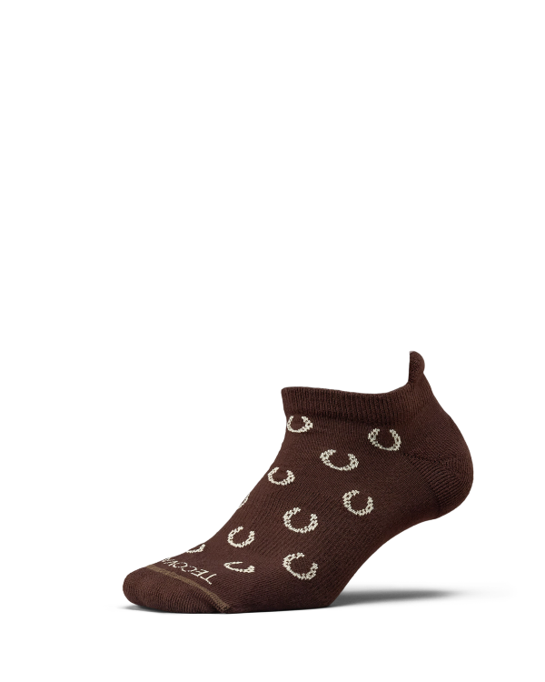 Brown ankle sock with a white horseshoe pattern, shown from a side angle on a plain white background.