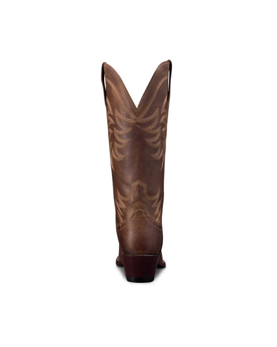 Back view of a brown cowboy boot with decorative stitching on a black background.