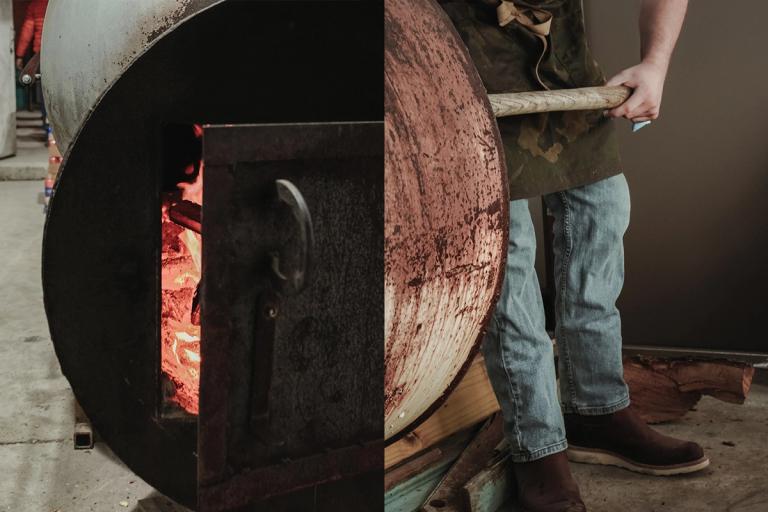 split image of fire in a smoker grill on the left and man standing by the grill on the right