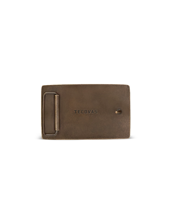 Back view of Longhorn Belt Buckle - Antique Brass on plain background