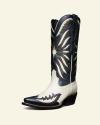 A single white cowboy boot with navy and red accents and an intricate floral design, isolated on a white background.