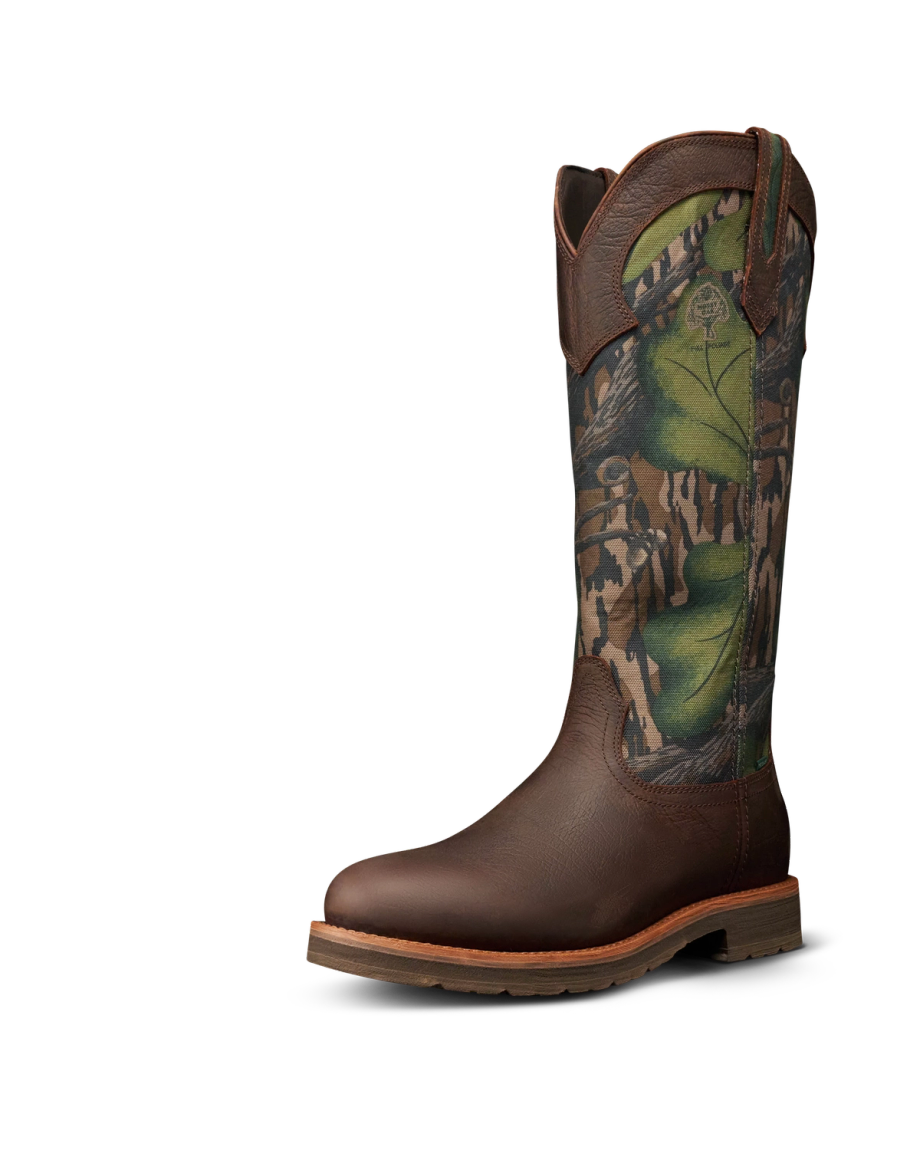 Quarterfront view of Tecovas x Mossy Oak Snake Boot - Full Foliage Cowhide on plain background