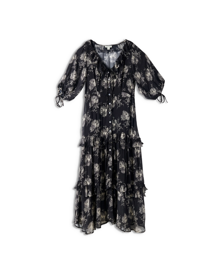 Front view of Women's Elbow-Length Maxi Dress - Black / White on plain background