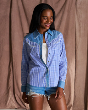 Front view of Women's Dolly Blouse - Blue/White on model