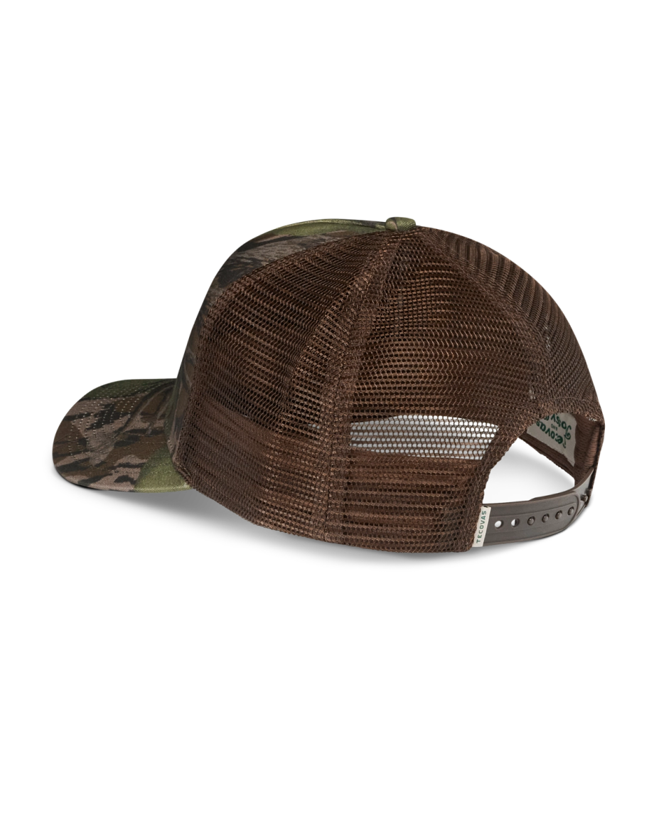 Quarterback view of Tecovas x Mossy Oak Full Foliage Trucker - Full Foliage on plain background