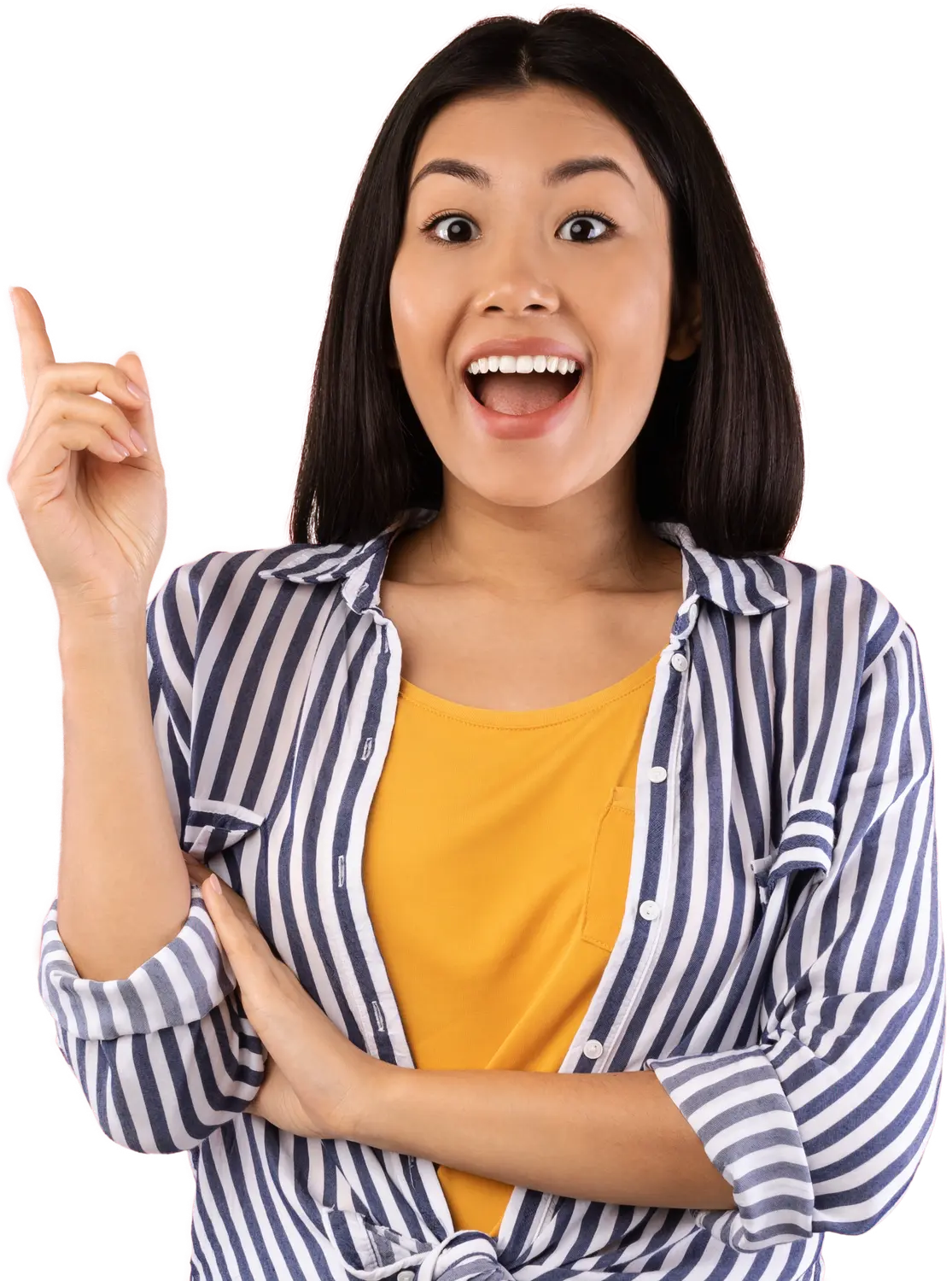 Enthusiastic woman pointing upward, representing coaching potential