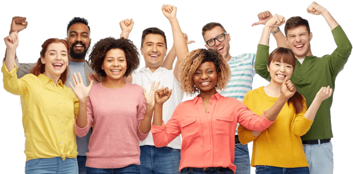 Diverse group of professionals celebrating with hands raised