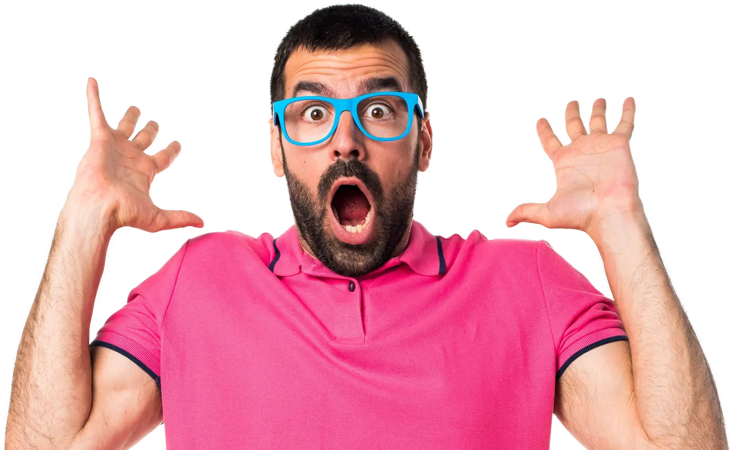 Surprised man with blue glasses expressing excitement