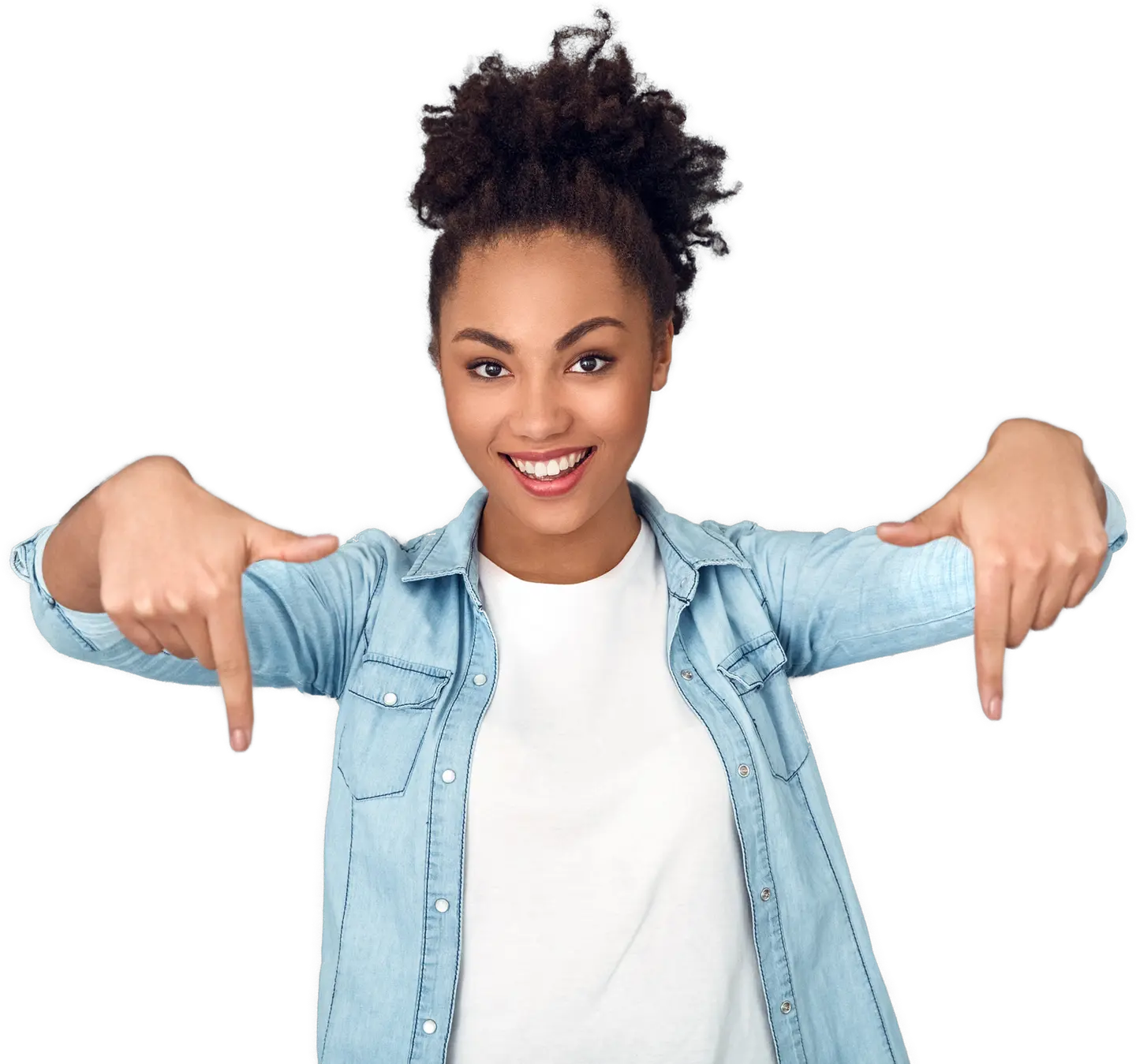 Smiling woman pointing downward enthusiastically