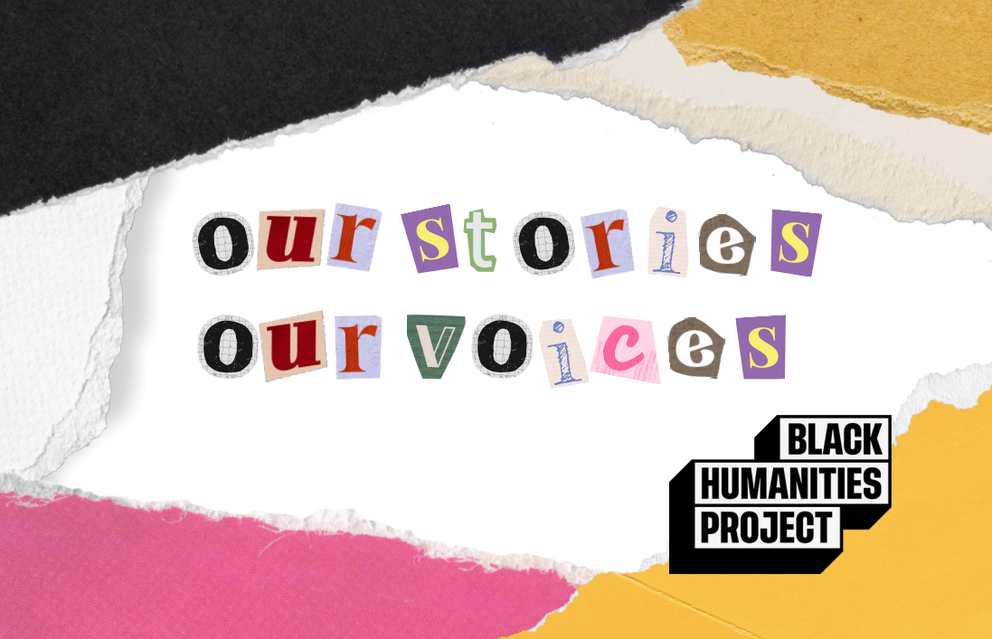 The Title: Our Stories Our Voices written with letters cut out from different magazines