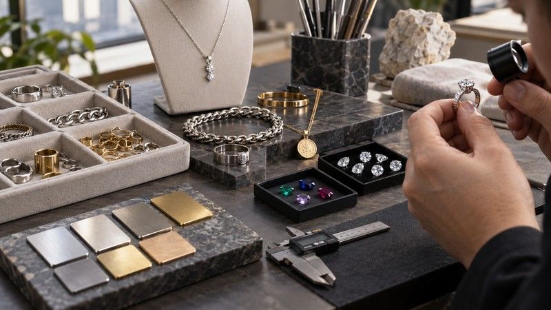 Common jewelry manufacturing materials include sterling silver