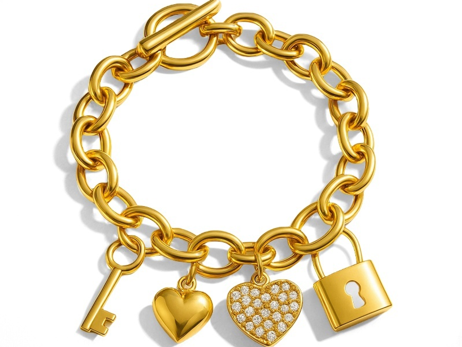 Gold-tone link bracelet with key, heart and lock charms