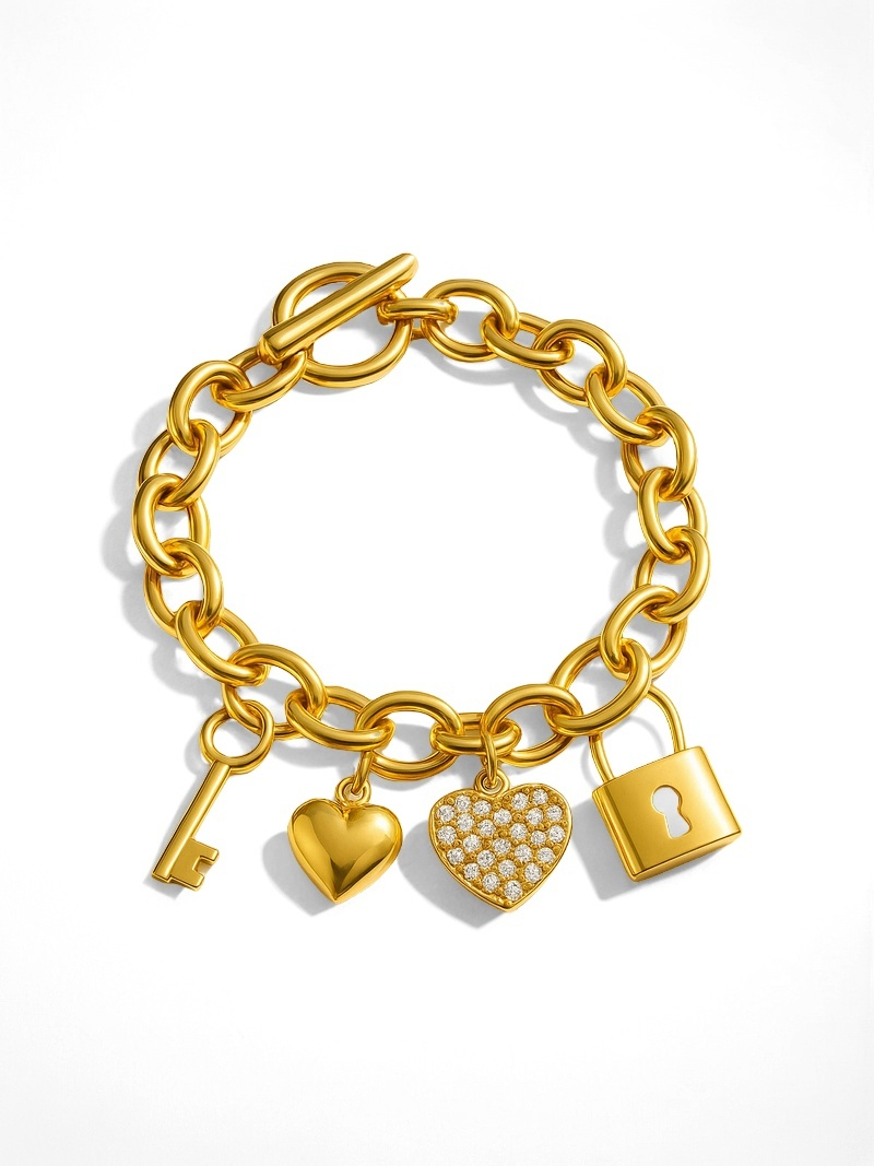 Gold-tone link bracelet with key, heart and lock charms