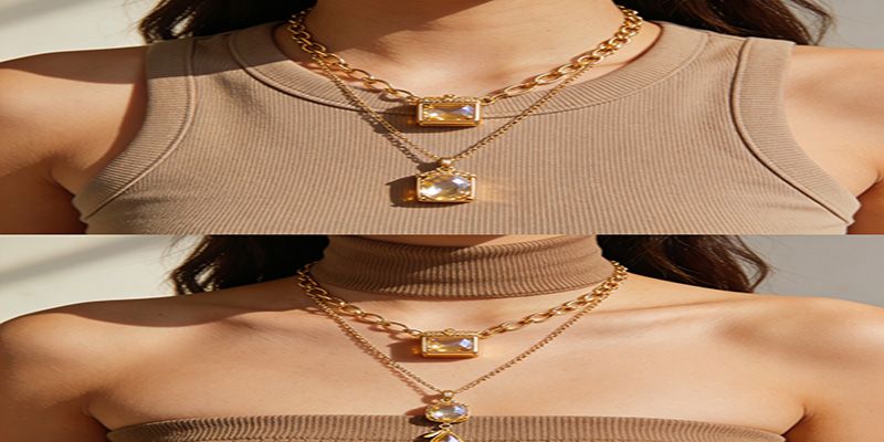According to our stylists, longer pendants flatter scoop necklines and strapless tops.