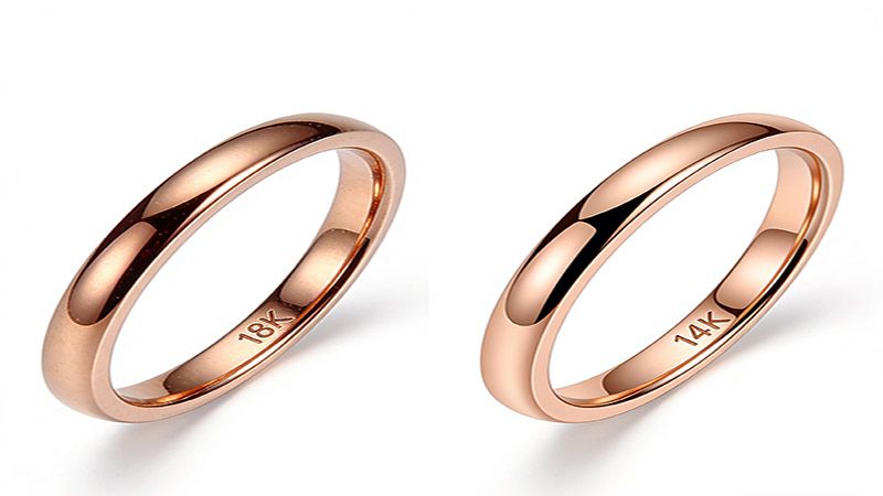 18K rose gold, the color will be more intense and richer, whereas alloys with lower copper content, e.g., 14K rose gold, will be lighter.