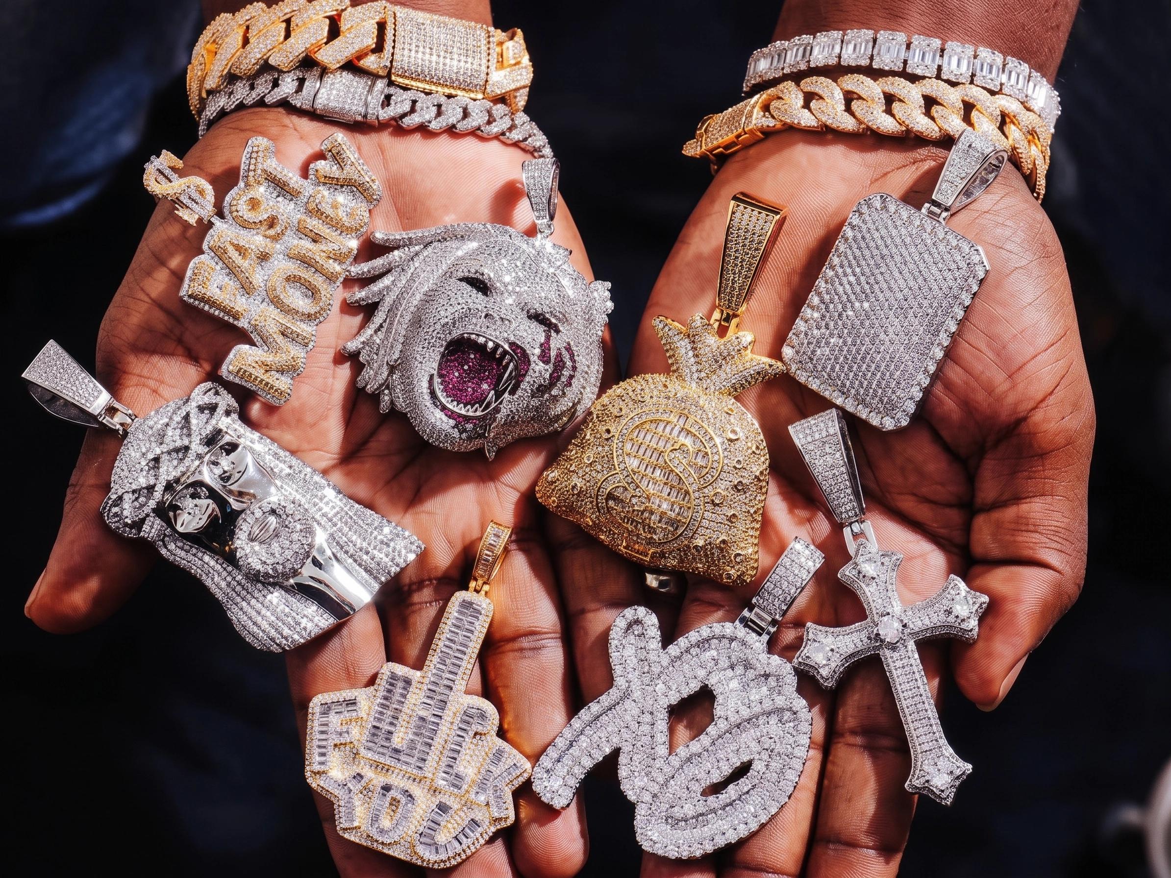 Assorted custom hip hop pendants in iced-out statement designs