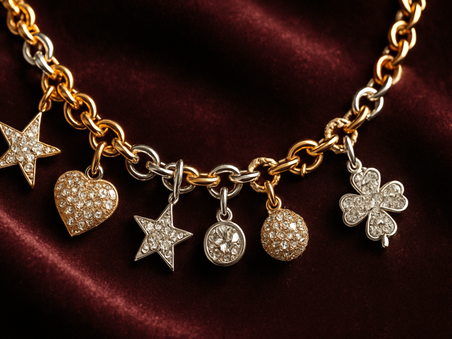 Gold-tone charm bracelet with decorative pavé-style charms