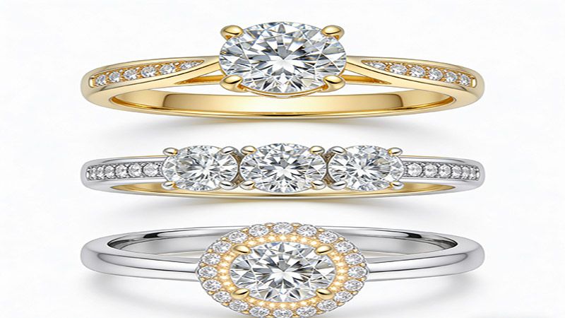 Moissanite engagement rings are available in solitaire ring, three stone, and halo styles