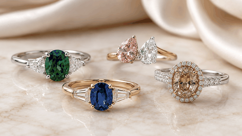 Colored center stones give engagement rings stronger personality and help brands