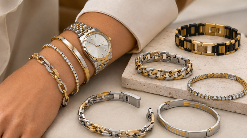 Two tone bracelets pair naturally with watches and stacked jewelry
