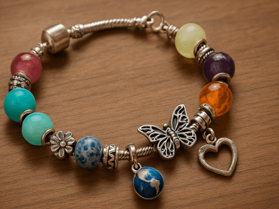 Colorful beaded charm bracelet with mixed decorative charms