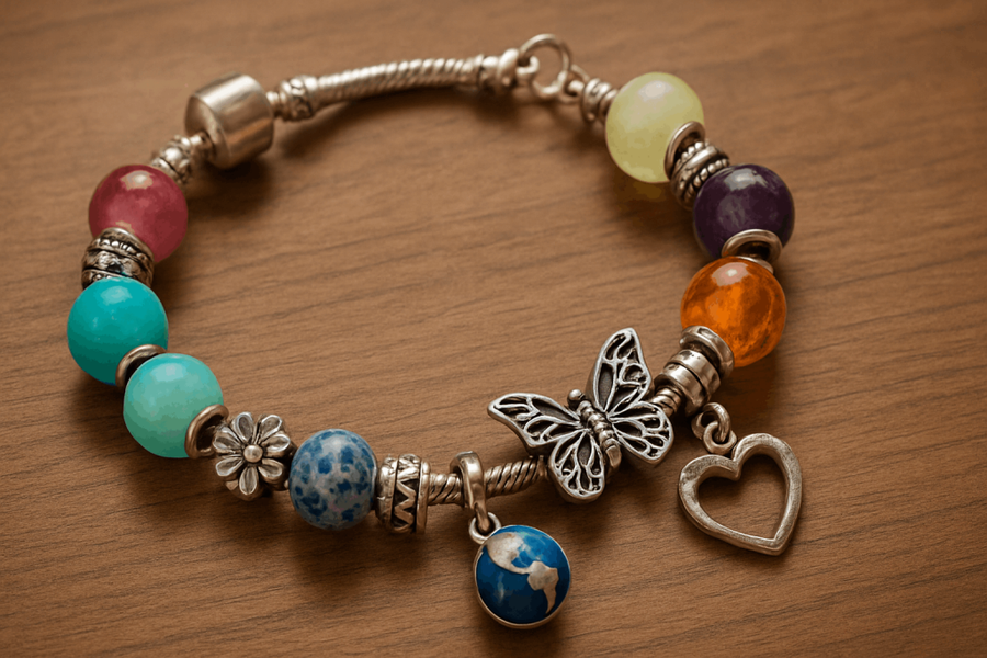 Bracelet coloré en perles avec diverses breloques décoratives