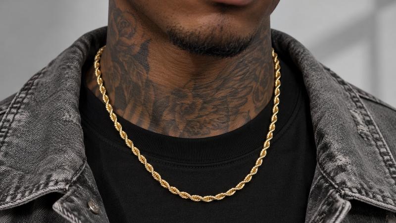 Gold rope chain worn by a male model