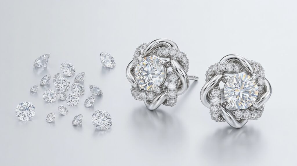 Moissanite is a high-end diamond alternative known for its strong fire and generally shows rainbow sparkle.