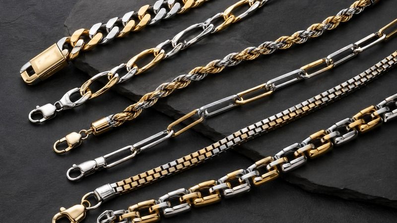 Cuban, Figaro, rope, paperclip, box, and custom-link chains can all incorporate contrasting colors.