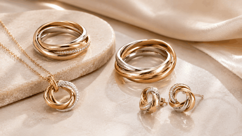 Tri-color jewelry combines yellow, white, and rose tones