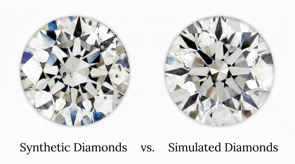Lab-grown or simulated diamonds share identical hardness and material properties.