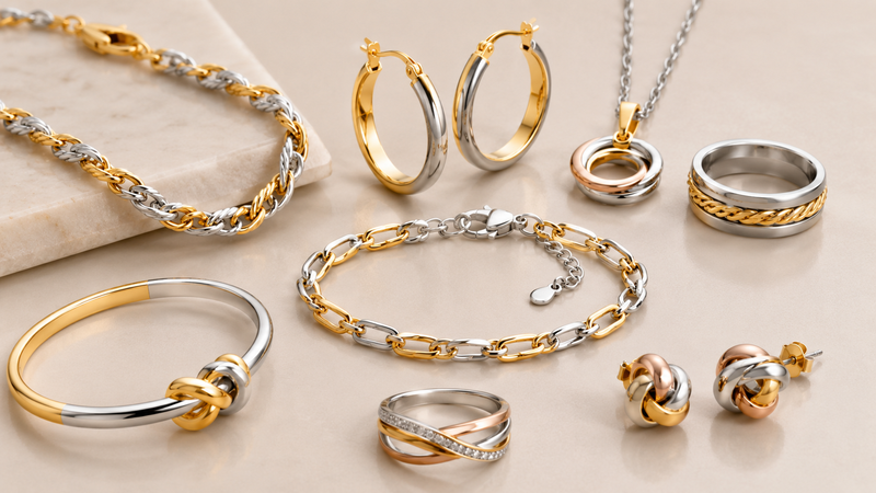 Two tone jewelry uses two clearly distinguishable metal colors within the same ring