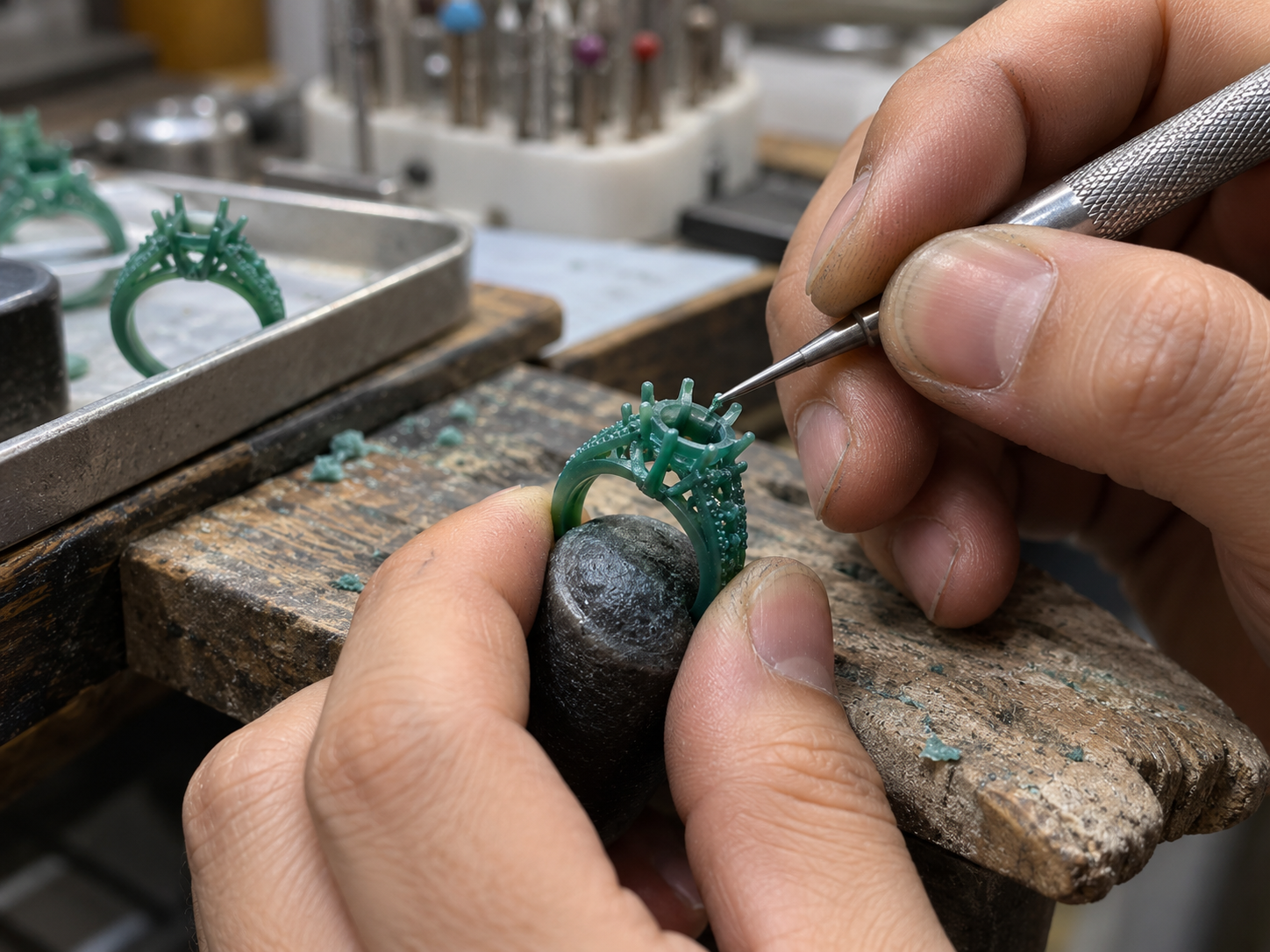 A skilled jewelry technician carefully repairs and reshapes small prongs on a wax model using precision tools. By correcting weak, uneven, or misaligned prongs before casting, MISSJEWELRY helps improve stone-setting accuracy and reduce the risk of loose stones in finished jewelry.