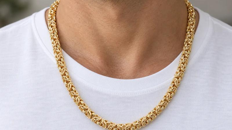 Gold Byzantine chain necklace with woven link structure