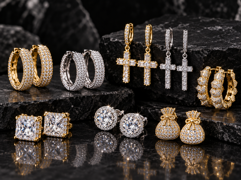 Iced-out hip hop earrings in gold and silver with hoop, stud, and cross designs