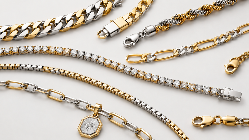 Cuban, rope, Figaro, tennis, box, and link chains can use alternating colors